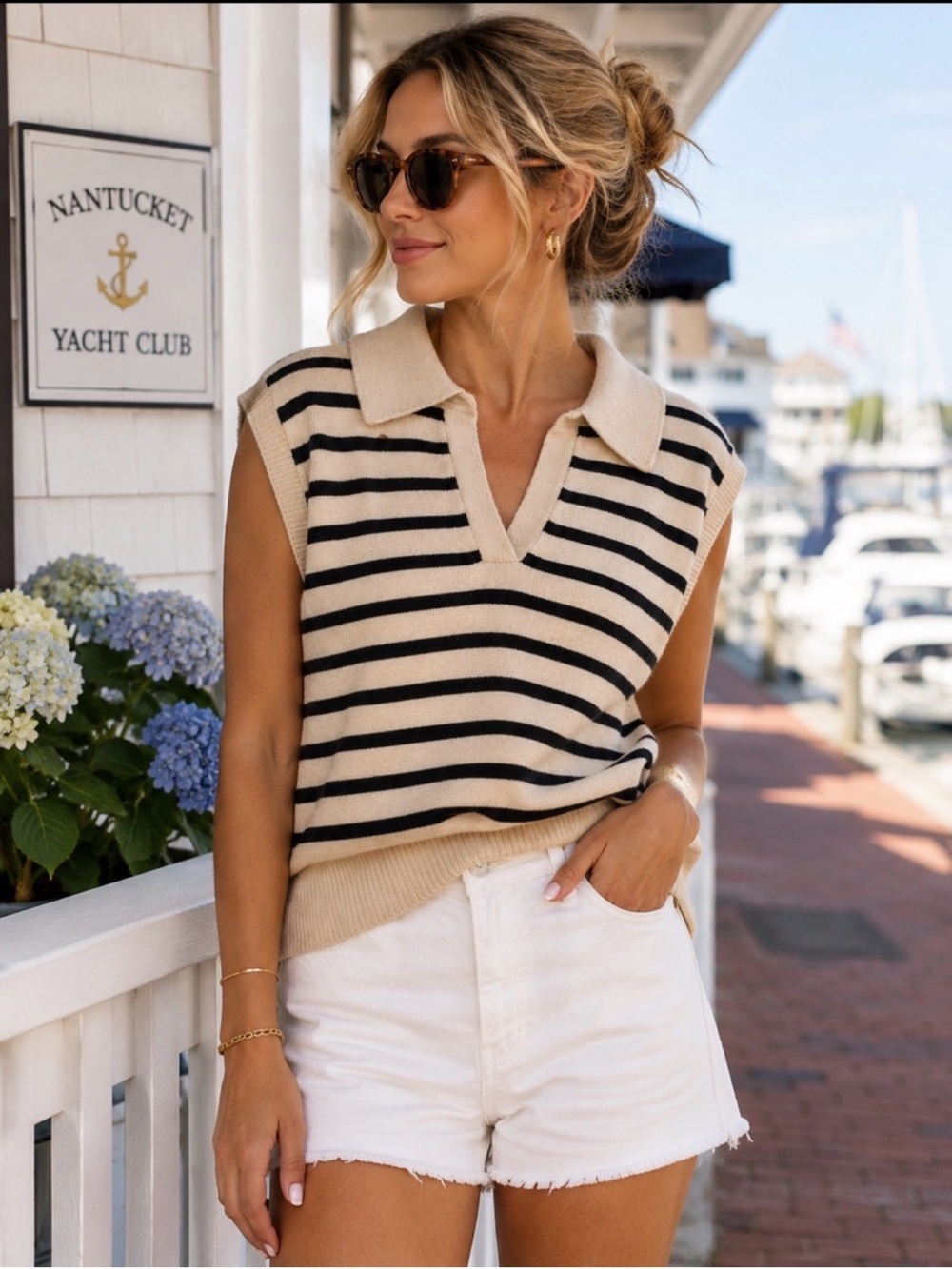 Lumiere Striped Collared Sweater Vest Cream Black Coastal Preppy Large